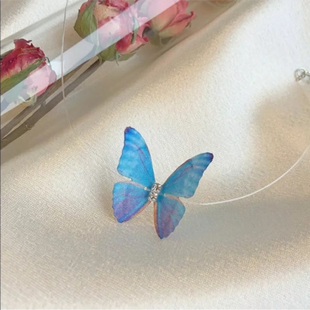 Light Blue Lace Butterfly Pendant Necklace Ladies